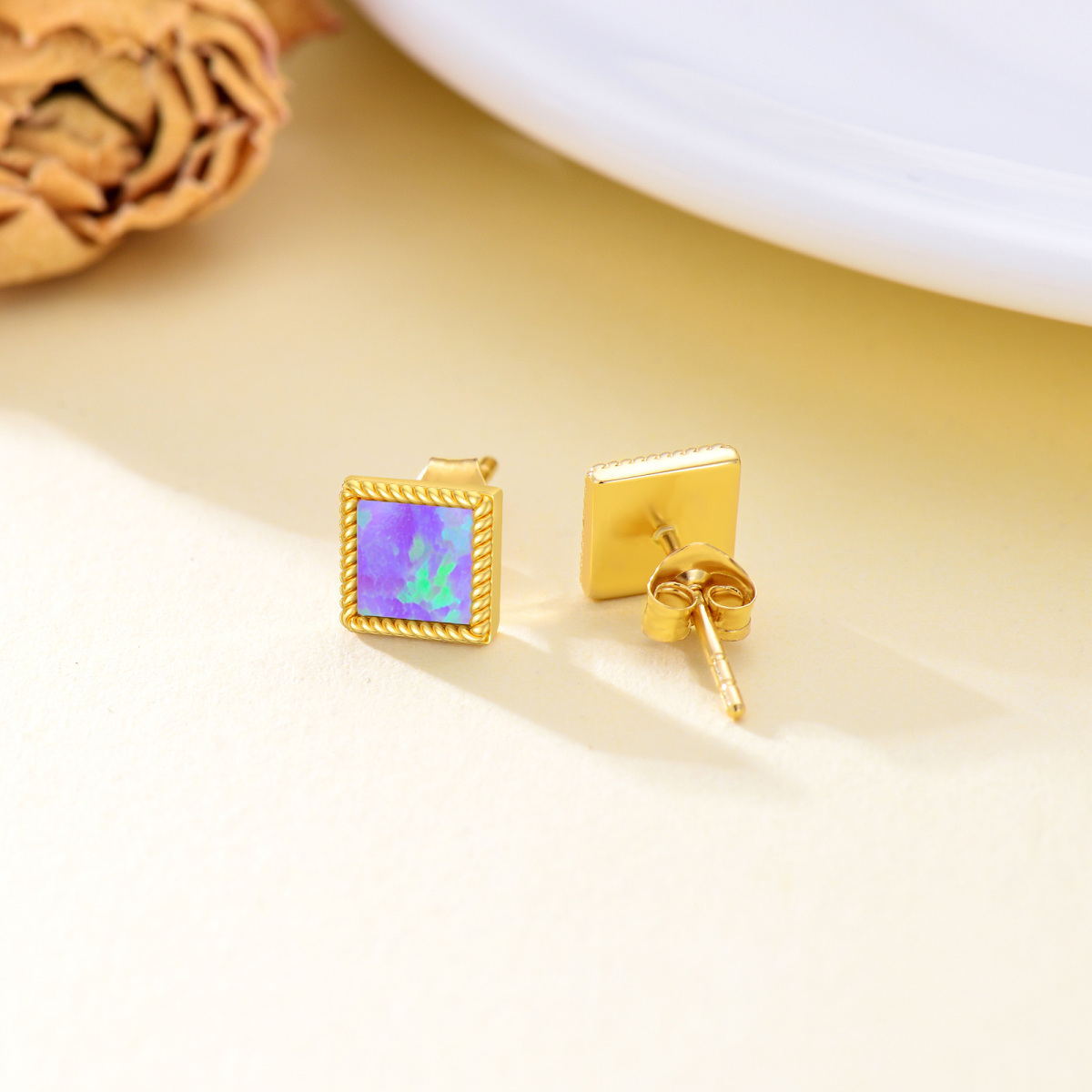 10K Gold Opal Square Stud Earrings-4