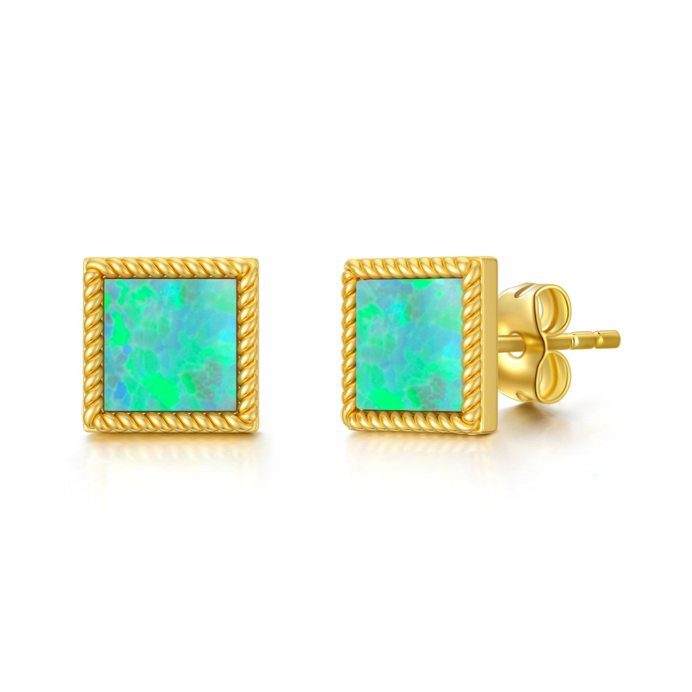 18K Gold Opal Square Stud Earrings-1