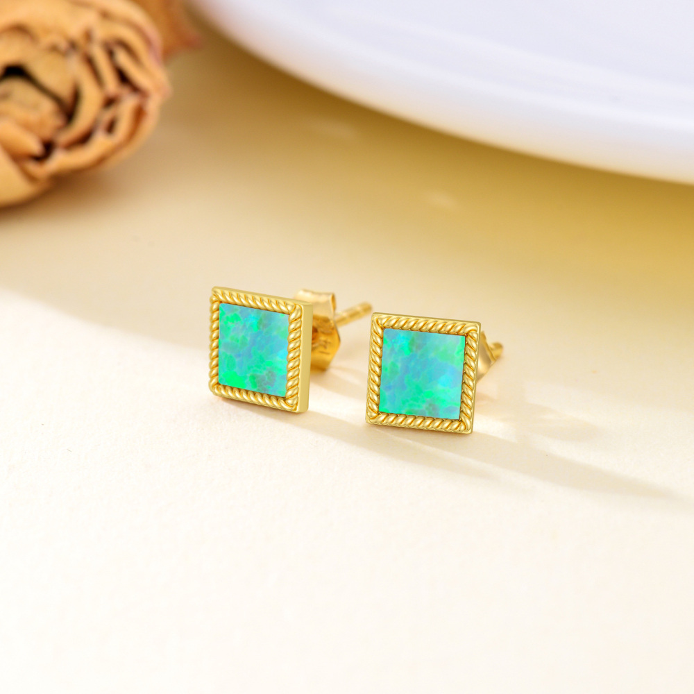 18K Gold Opal Square Stud Earrings-3