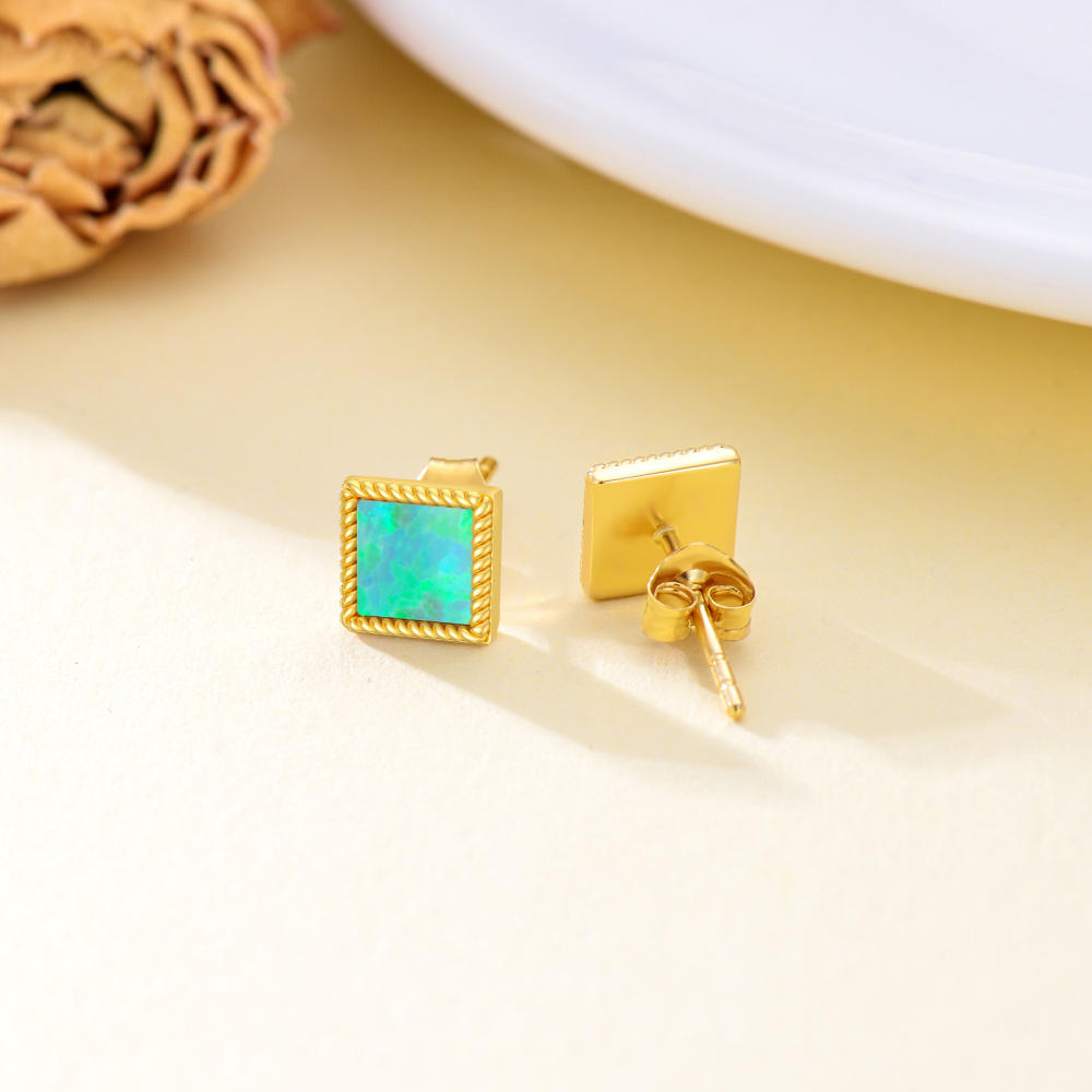 18K Gold Opal Square Stud Earrings-4