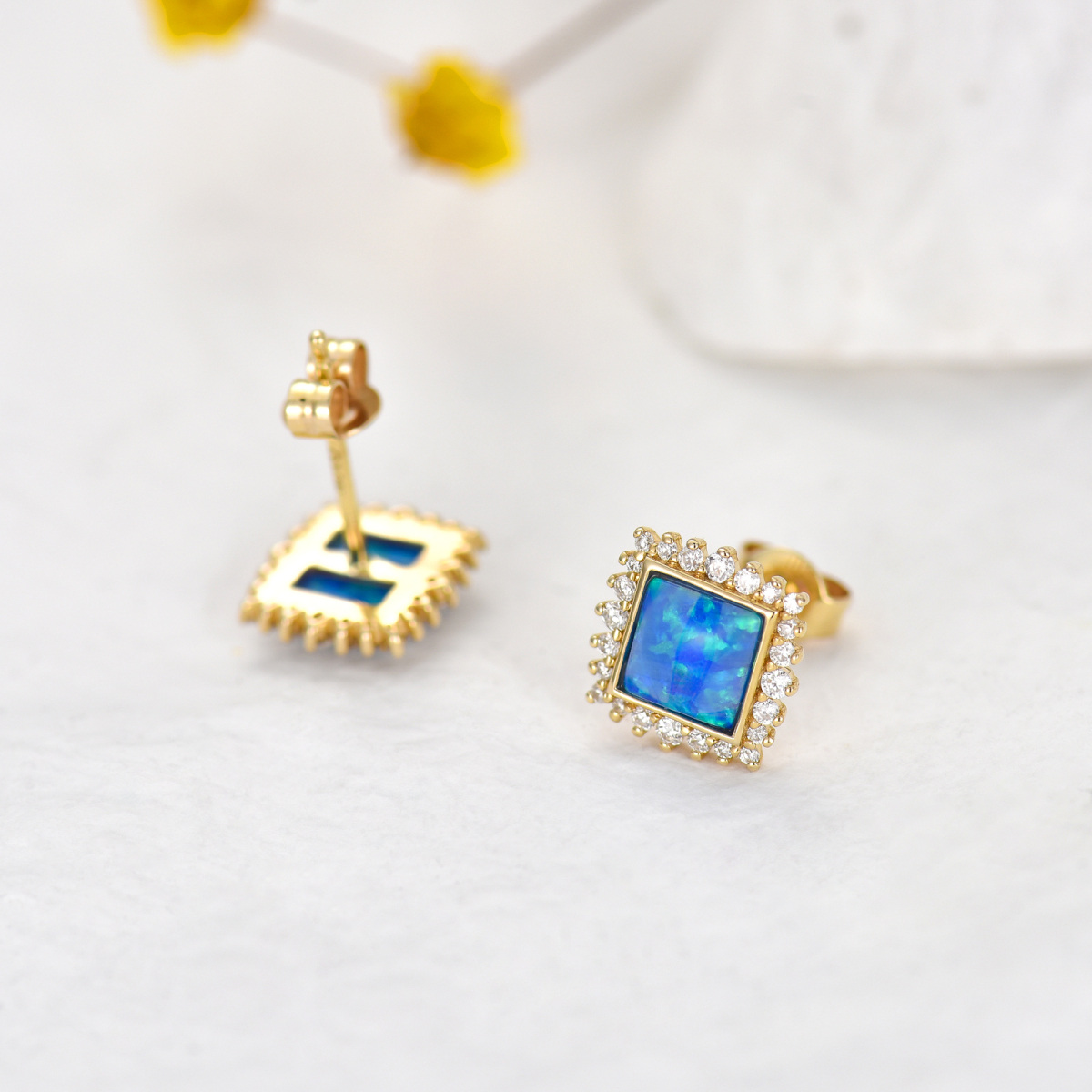 10K Gold Opal Square Stud Earrings-2