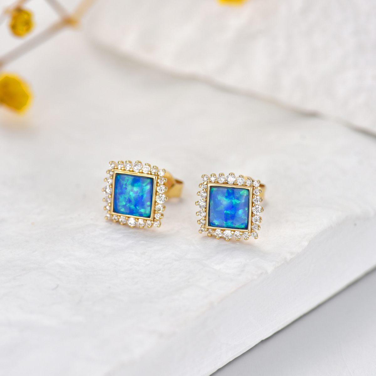 10K Gold Opal Square Stud Earrings-3