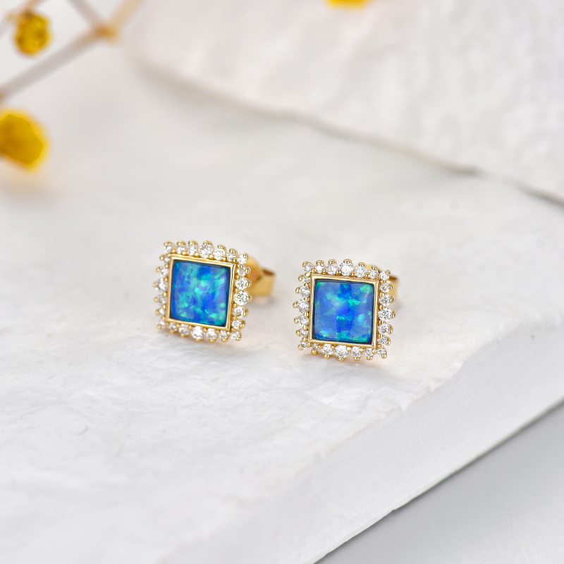 10K Gold Opal Square Stud Earrings-3