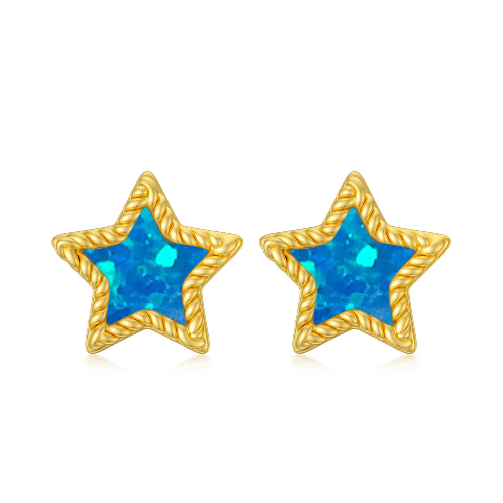 10K Gold Opal Star Stud Earrings-1