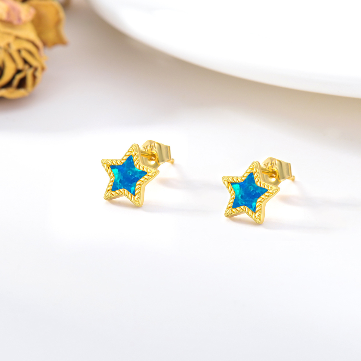 10K Gold Opal Star Stud Earrings-3