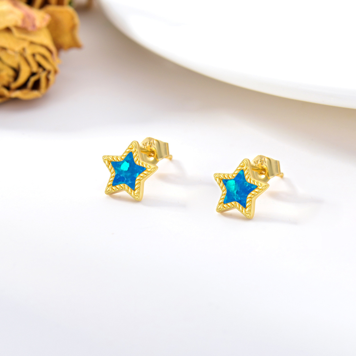 10K Gold Opal Star Stud Earrings-4