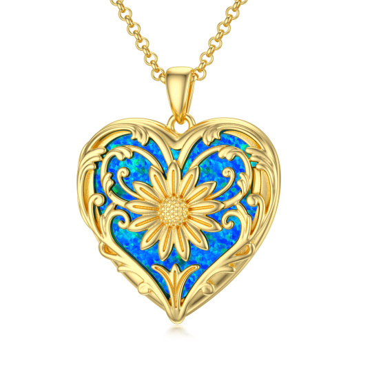 Collana con medaglione e cuore in oro 10K con girasole opale e foto personalizzata