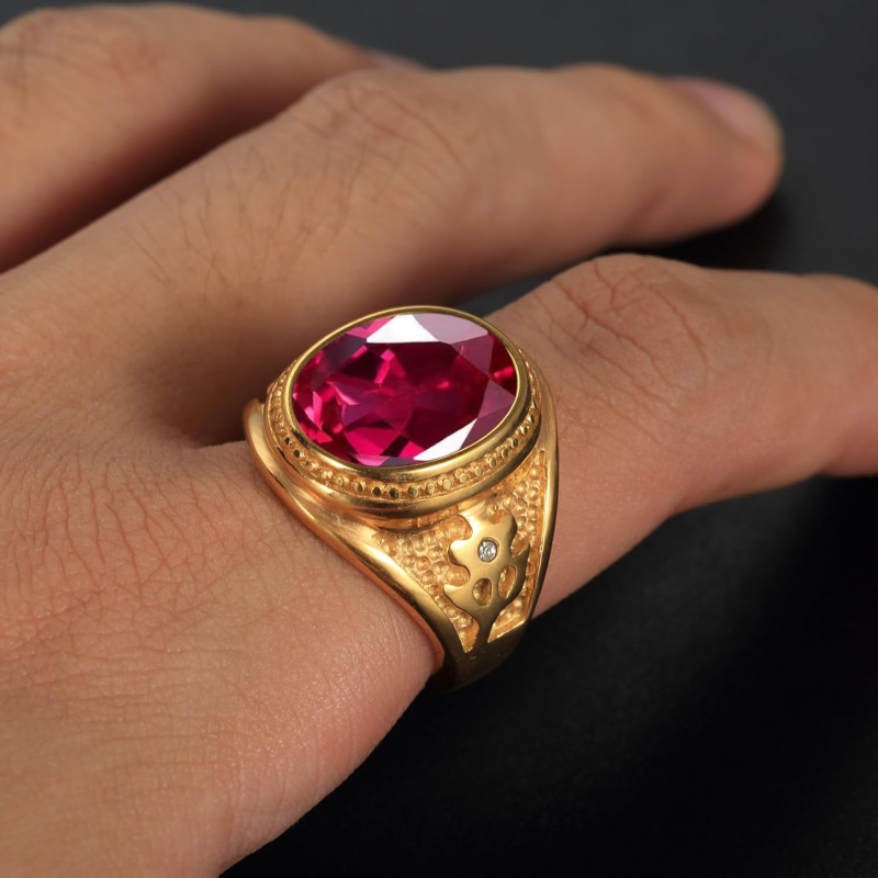 Anel personalizado para homem em ouro 10K com pedra preciosa oval e corte brilhante.-4