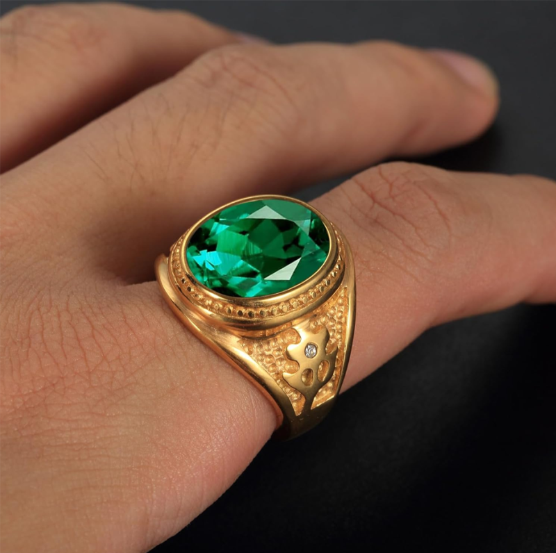 Anel masculino personalizado com esmeralda oval em ouro branco 10K-2