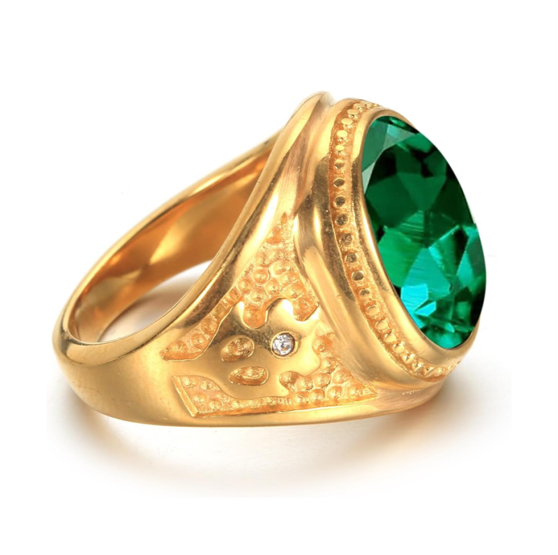 Anel masculino personalizado com esmeralda oval em ouro branco 10K-4