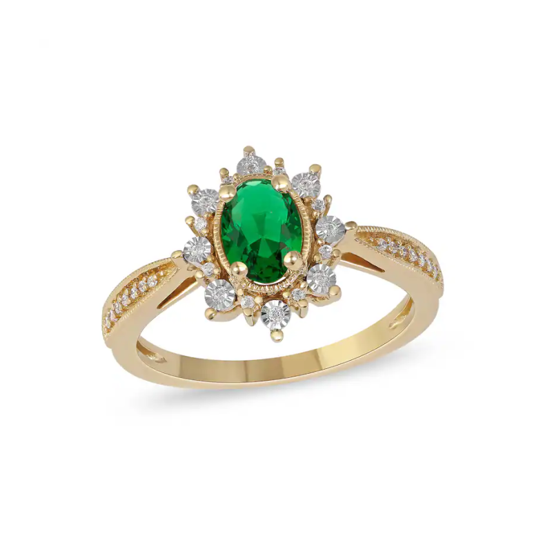 10K Gold Oval Cut Emerald & 0.1 CT Diamond Sunburst Frame Vintage Style Tapered Shank Engagement Band-1