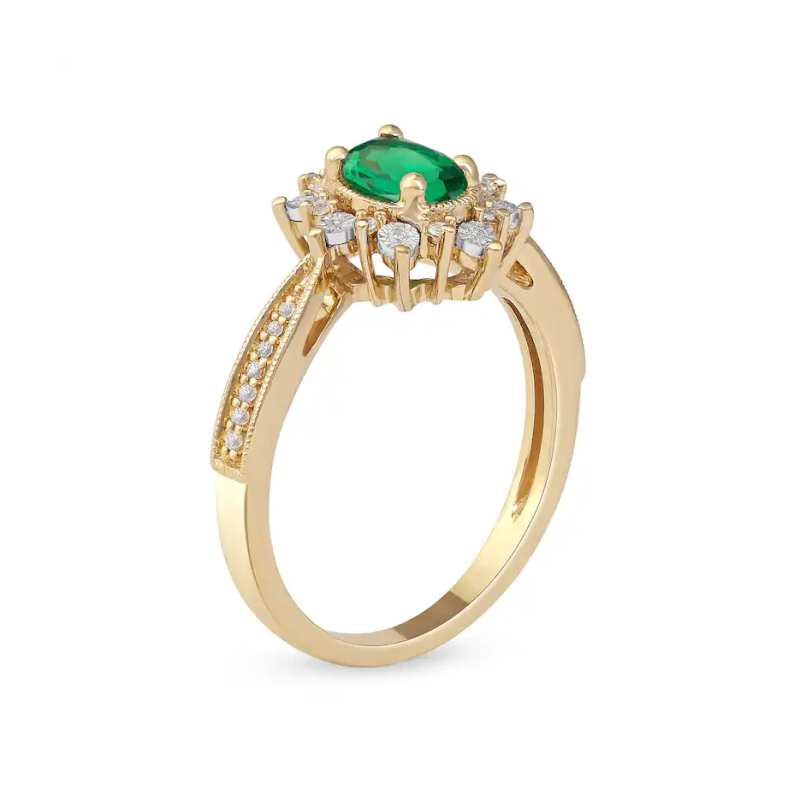 10K Gold Oval Cut Emerald & 0.1 CT Diamond Sunburst Frame Vintage Style Tapered Shank Engagement Band-3