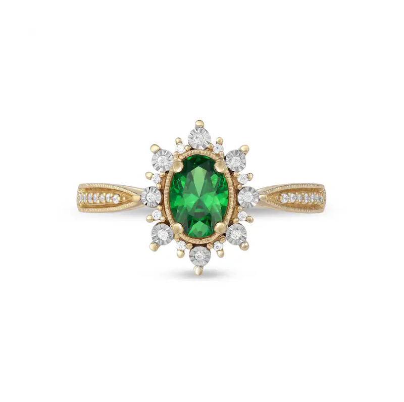 10K Gold Oval Cut Emerald & 0.1 CT Diamond Sunburst Frame Vintage Style Tapered Shank Engagement Band-4