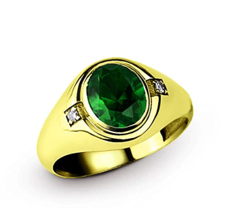 10K Gold Oval Cut Emerald & 2 Diamond Accents Wedding Band for Men-6
