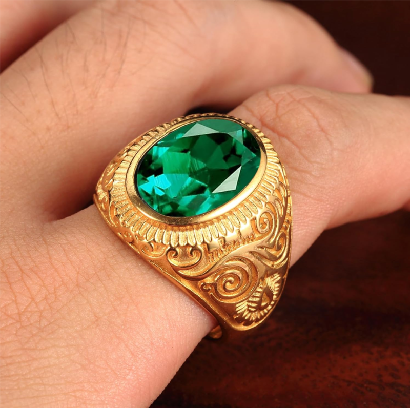 10K White Gold Oval Cut Emerald Wedding Band for Men Best Gift for Husband-2