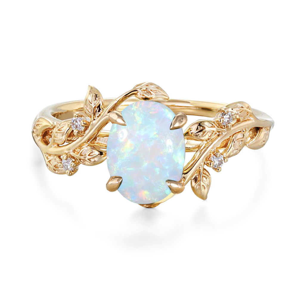 10K Gold Oval Cut Ivy Engagement Ring Nature Inspired Birthstone Leaf Vine Art Deco Wedding Promise Anniversary Rings fa-1