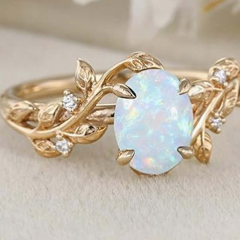 10K Gold Oval Cut Ivy Engagement Ring Nature Inspired Birthstone Leaf Vine Art Deco Wedding Promise Anniversary Rings-3