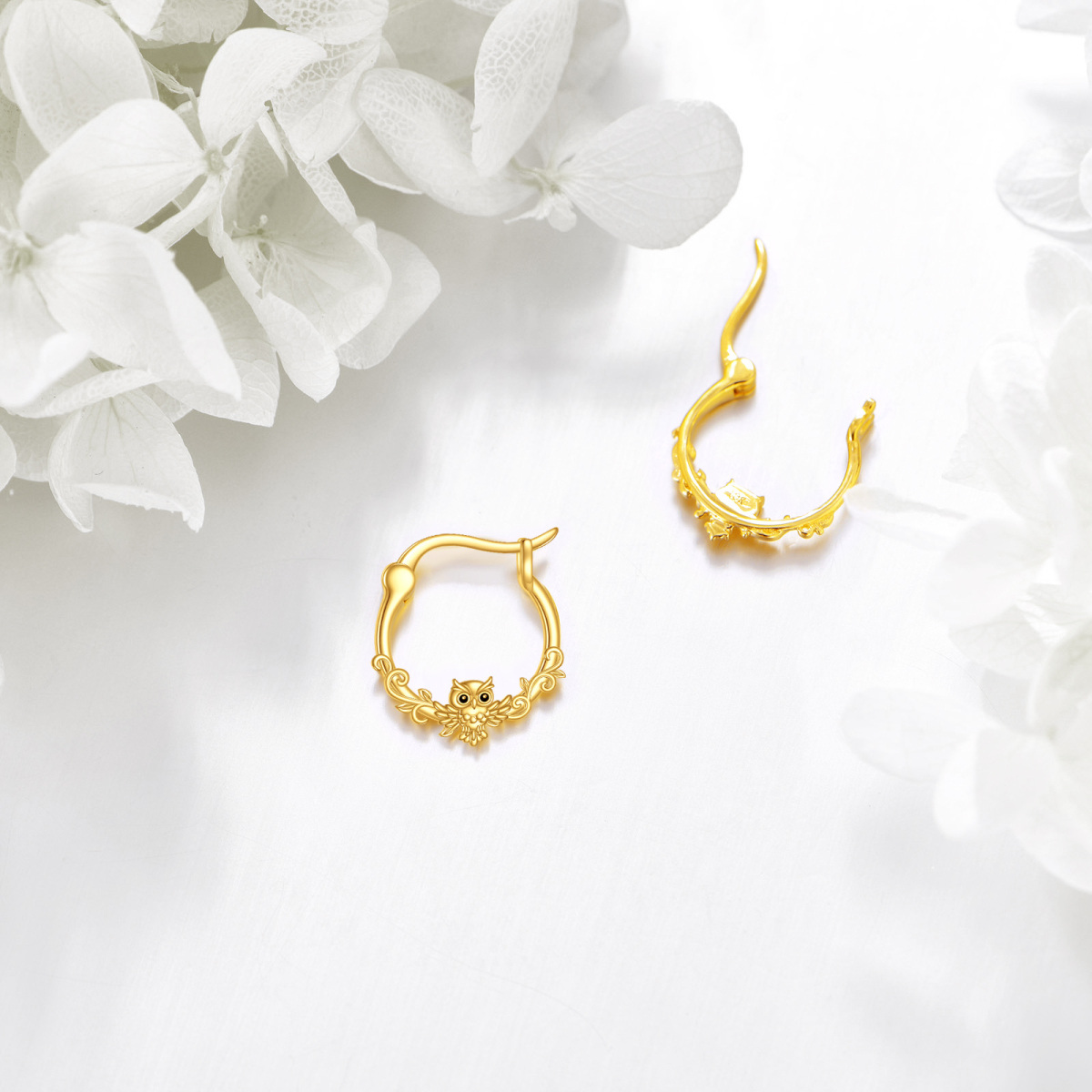 10K Gold Owl Hoop Earrings-3