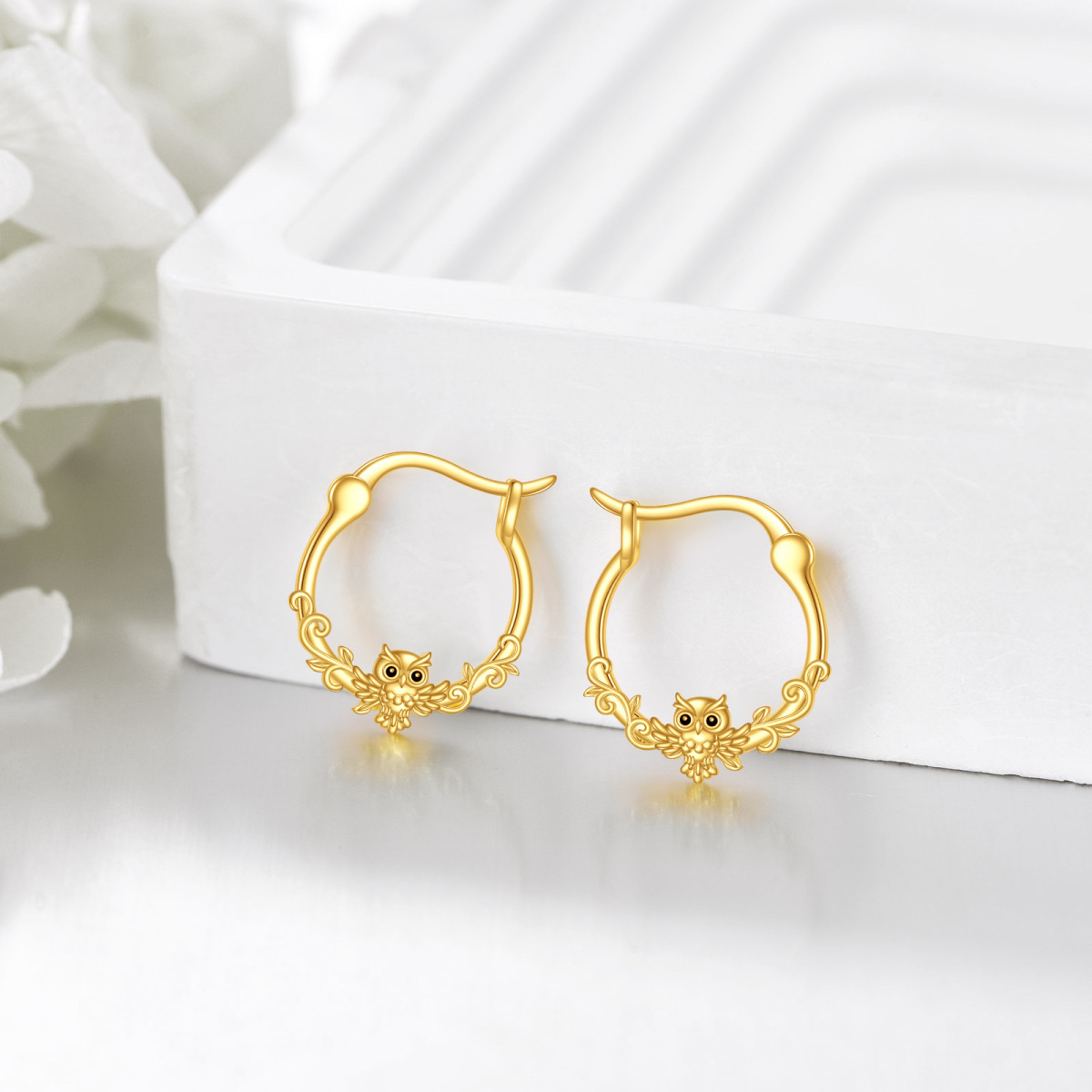 10K Gold Owl Hoop Earrings-4