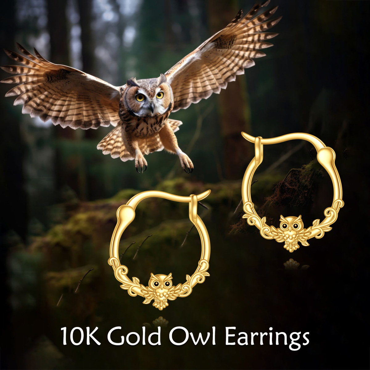 10K Gold Owl Hoop Earrings-6