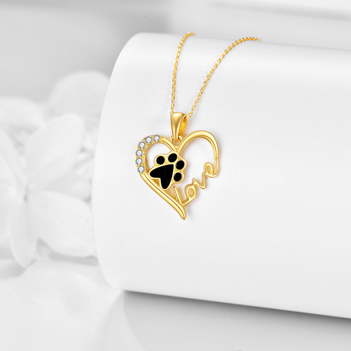 10K Gold Paw & Heart Pendant Necklace with Engraved Word-3