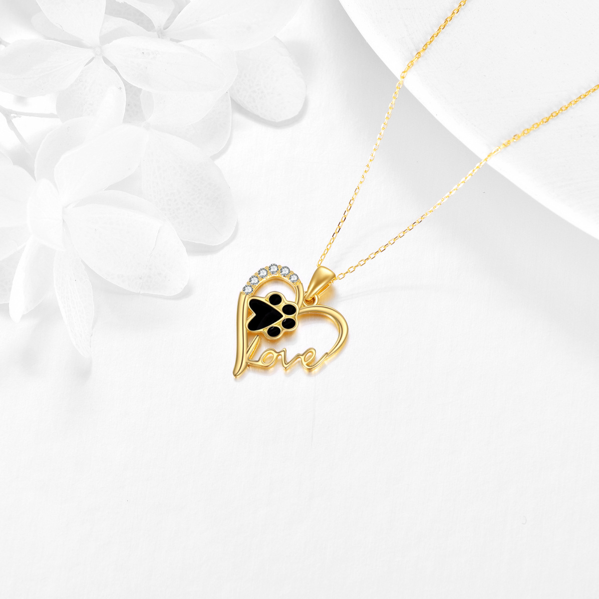 10K Gold Paw & Heart Pendant Necklace with Engraved Word-4