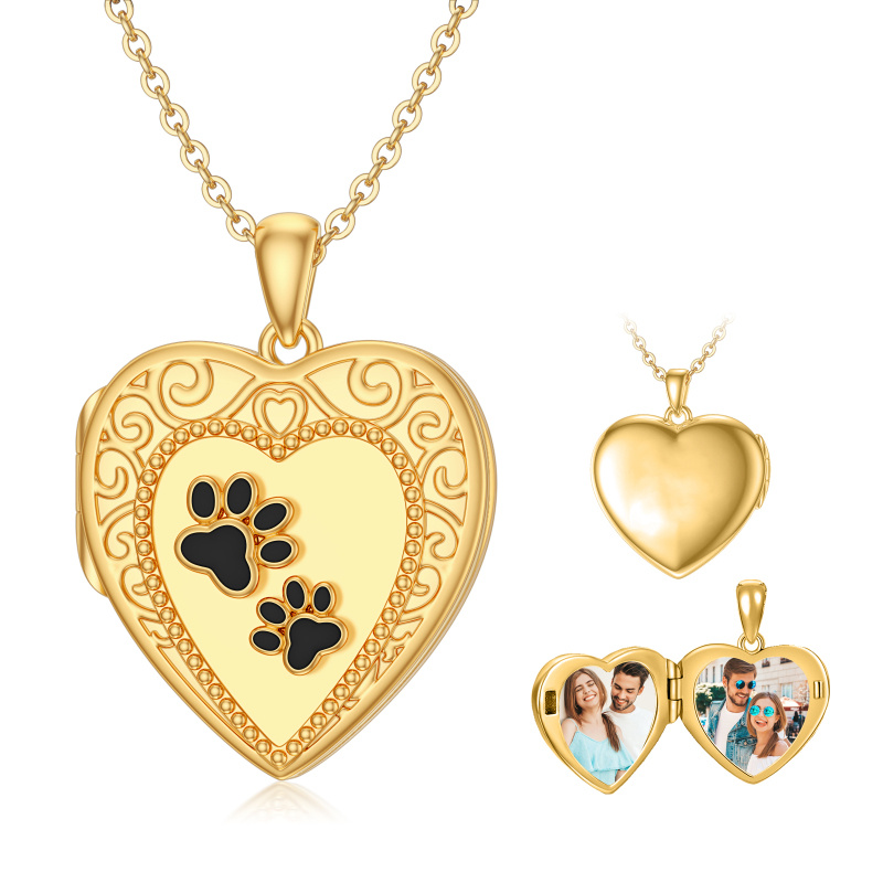 Collar con colgante de pata y corazón de oro de 10 quilates y medallón con foto personalizado-3