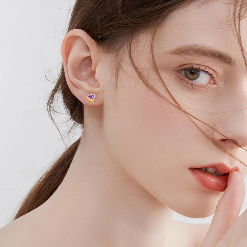 14K Gold Zircon Heart Drop Earrings-2