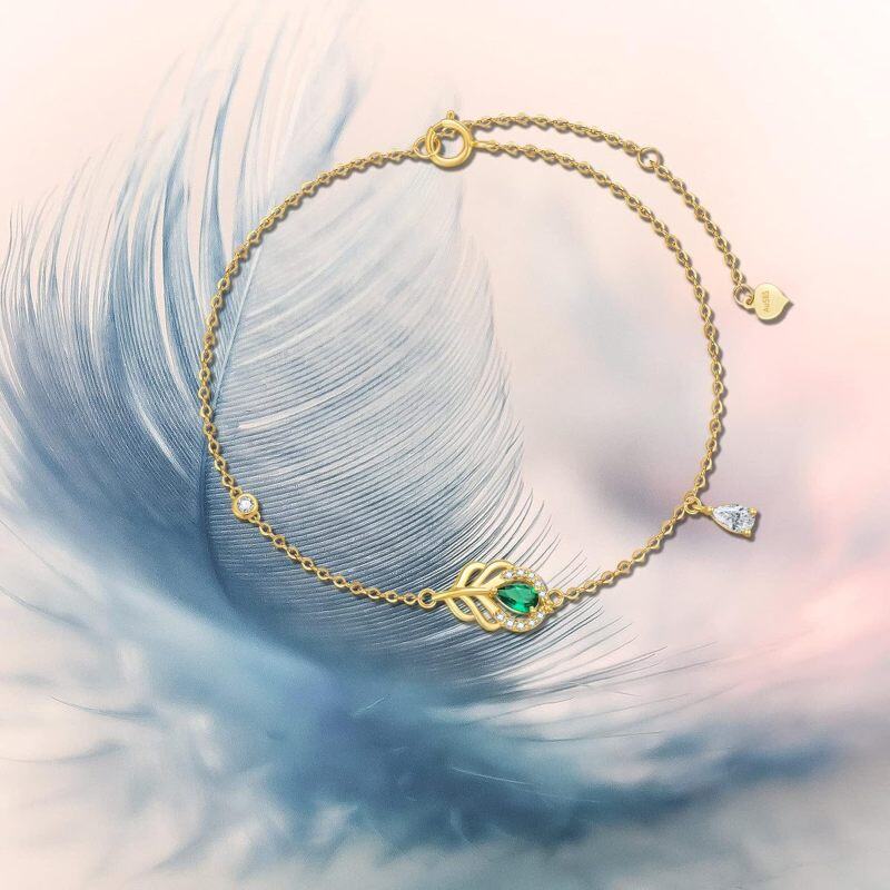 Bracelet à breloques en or blanc 10 carats avec zircon cubique, motif paon et plume-4