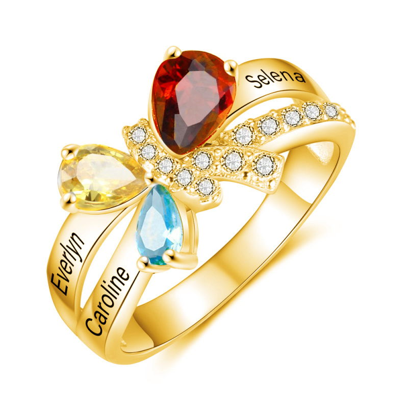 10K Gold Pear Cut Birthstone Custom Name Rings for Mom Women Girlfriend-7