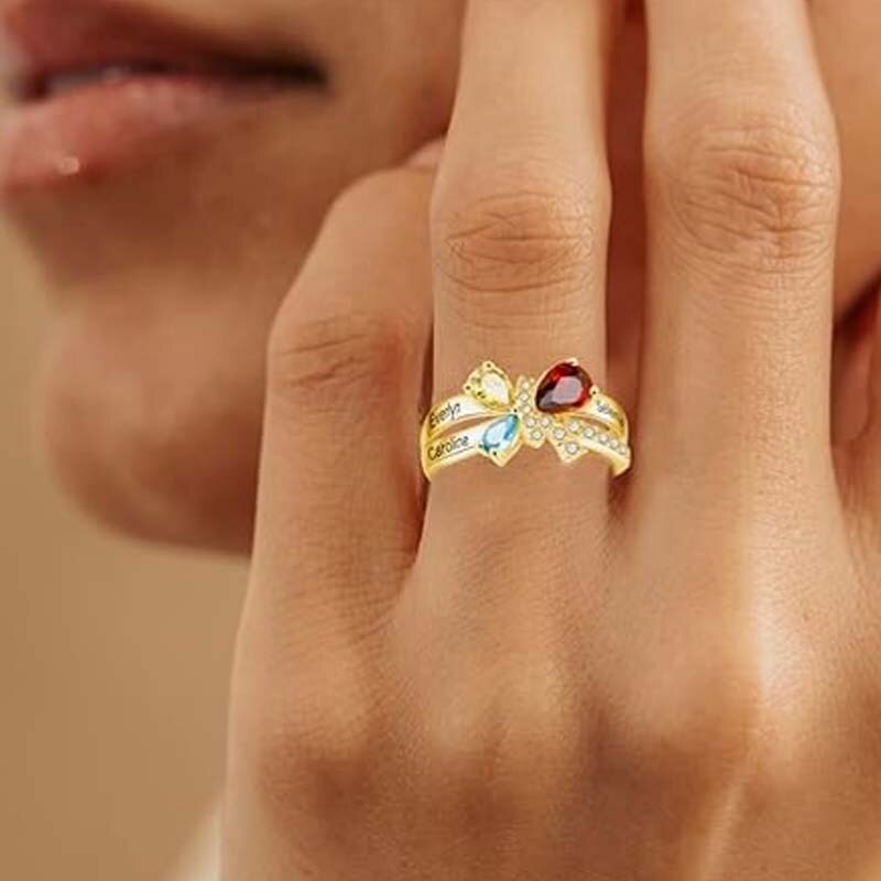 10K Gold Pear Cut Birthstone Custom Name Rings for Mom Women Girlfriend-2