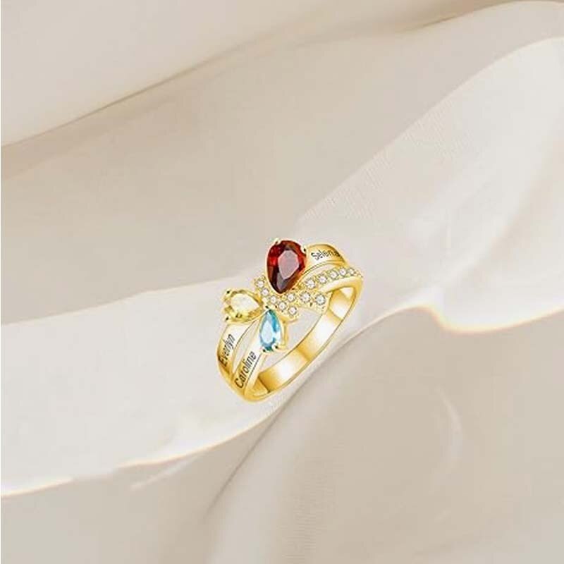 10K Gold Pear Cut Birthstone Custom Name Rings for Mom Women Girlfriend-3