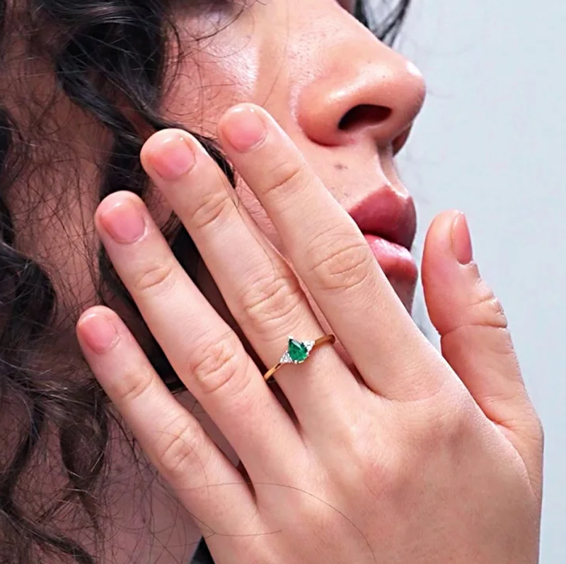 10K White Gold Pear Cut Emerald & 0.05 CT.T.W. Trio Diamond Engagement Band-2