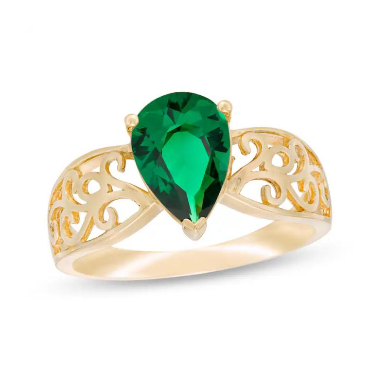 10K Gold Pear Cut Lab-Created Emerald Wide Filigree Band-1