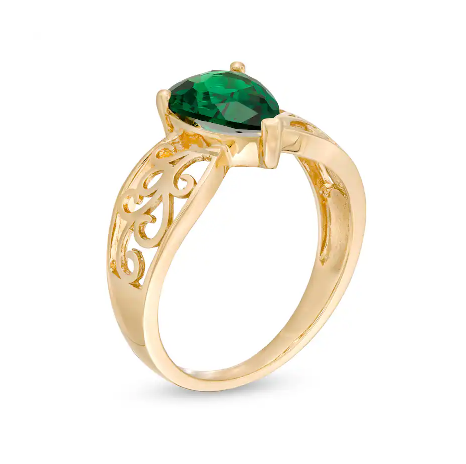 10K White Gold Pear Cut Lab-Created Emerald Wide Filigree Band-3