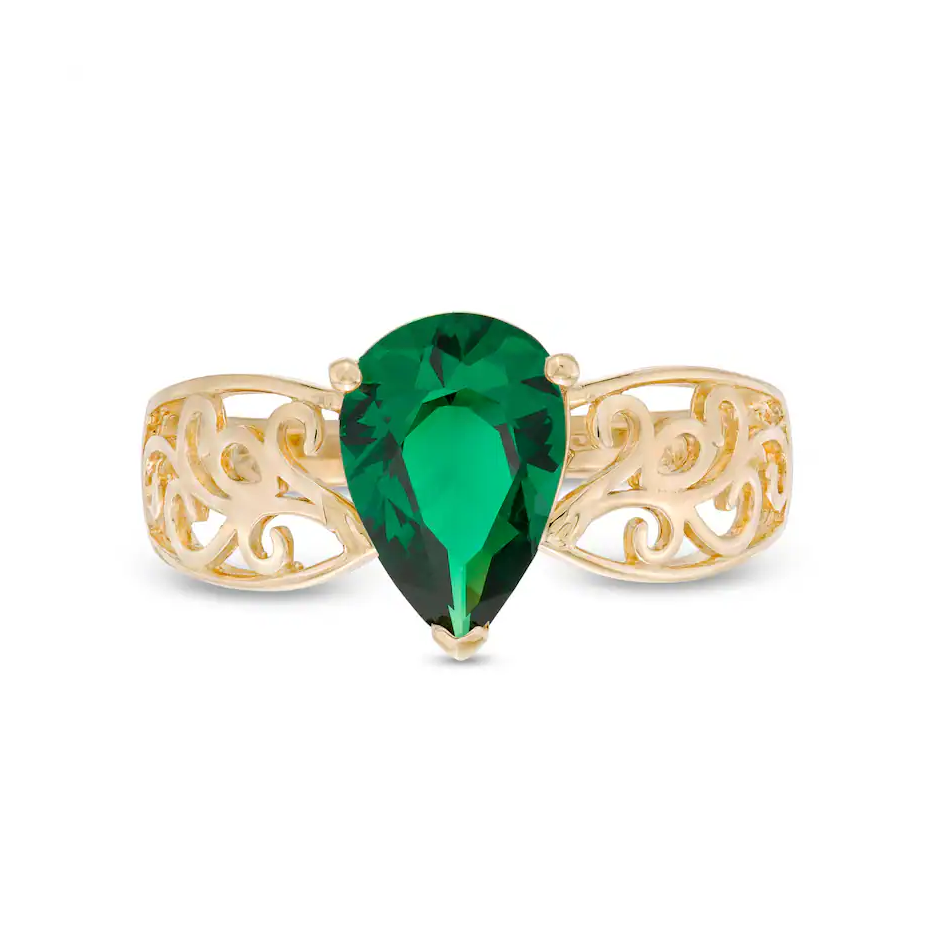 10K White Gold Pear Cut Lab-Created Emerald Wide Filigree Band-4