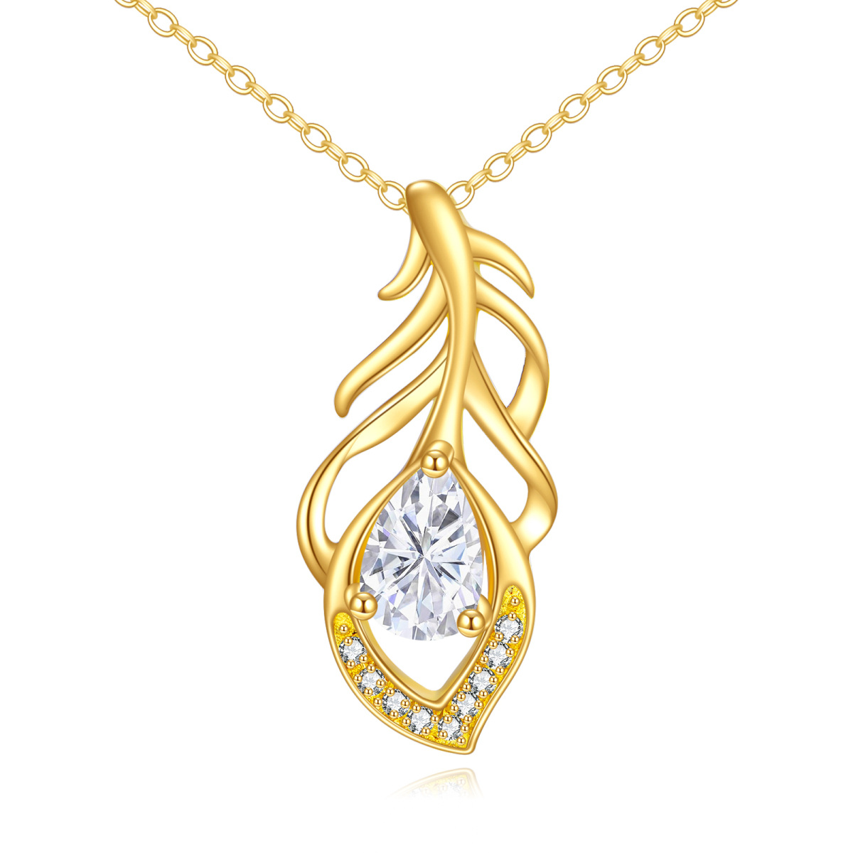 14K Gold Pear Cubic Zirconia Feather Pendant Necklace-1