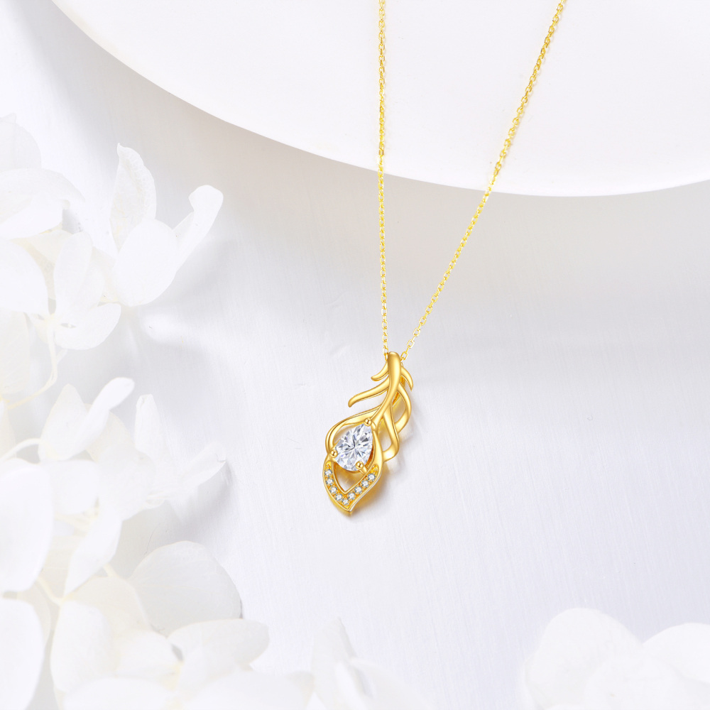 10K Gold Pear Cubic Zirconia Feather Pendant Necklace-3