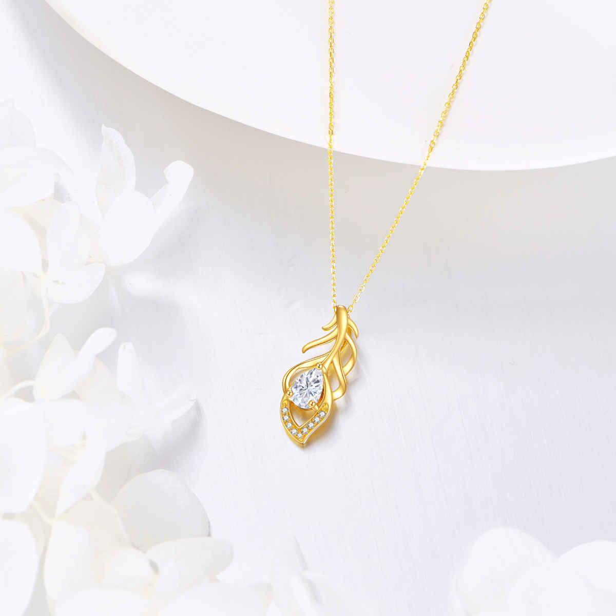 18K Gold Pear Cubic Zirconia Feather Pendant Necklace-3