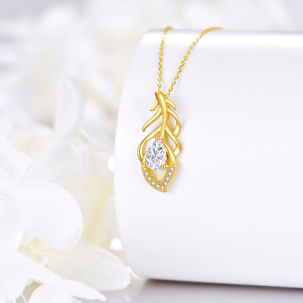 10K Gold Pear Cubic Zirconia Feather Pendant Necklace-4