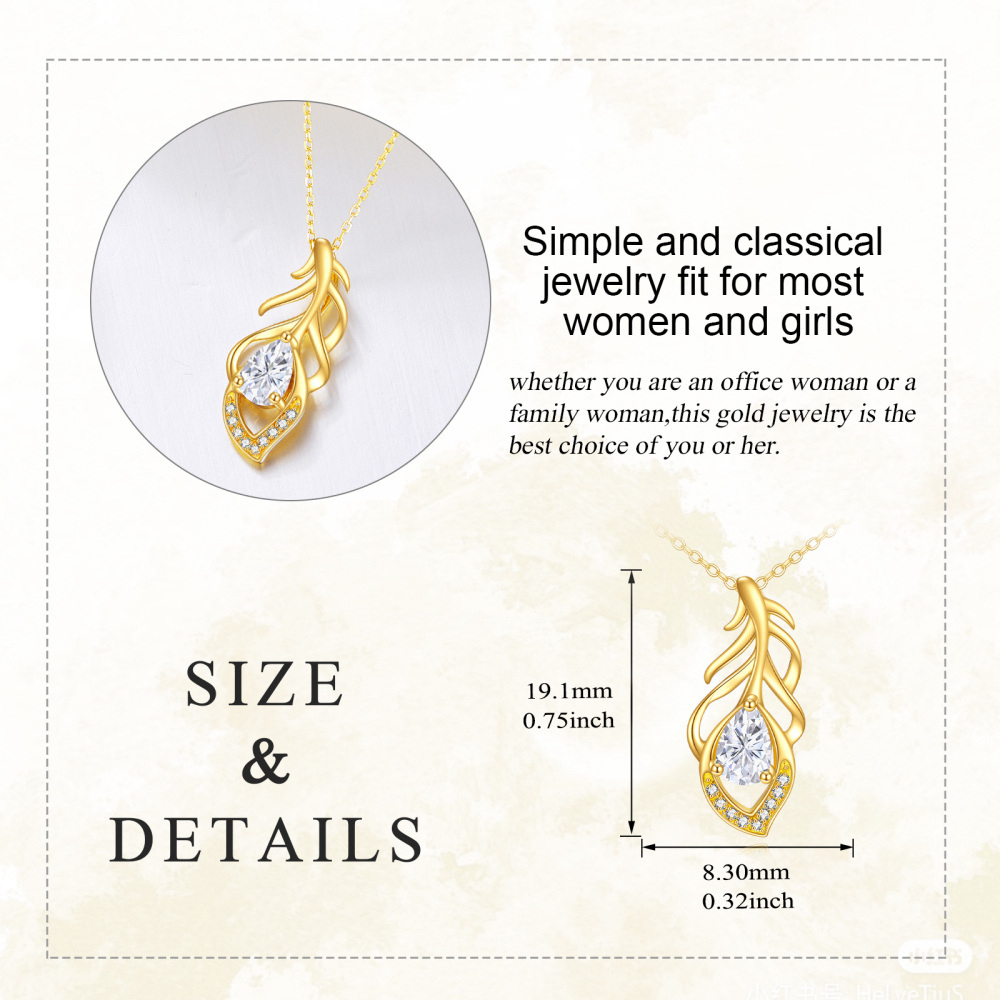 10K Gold Pear Cubic Zirconia Feather Pendant Necklace-5