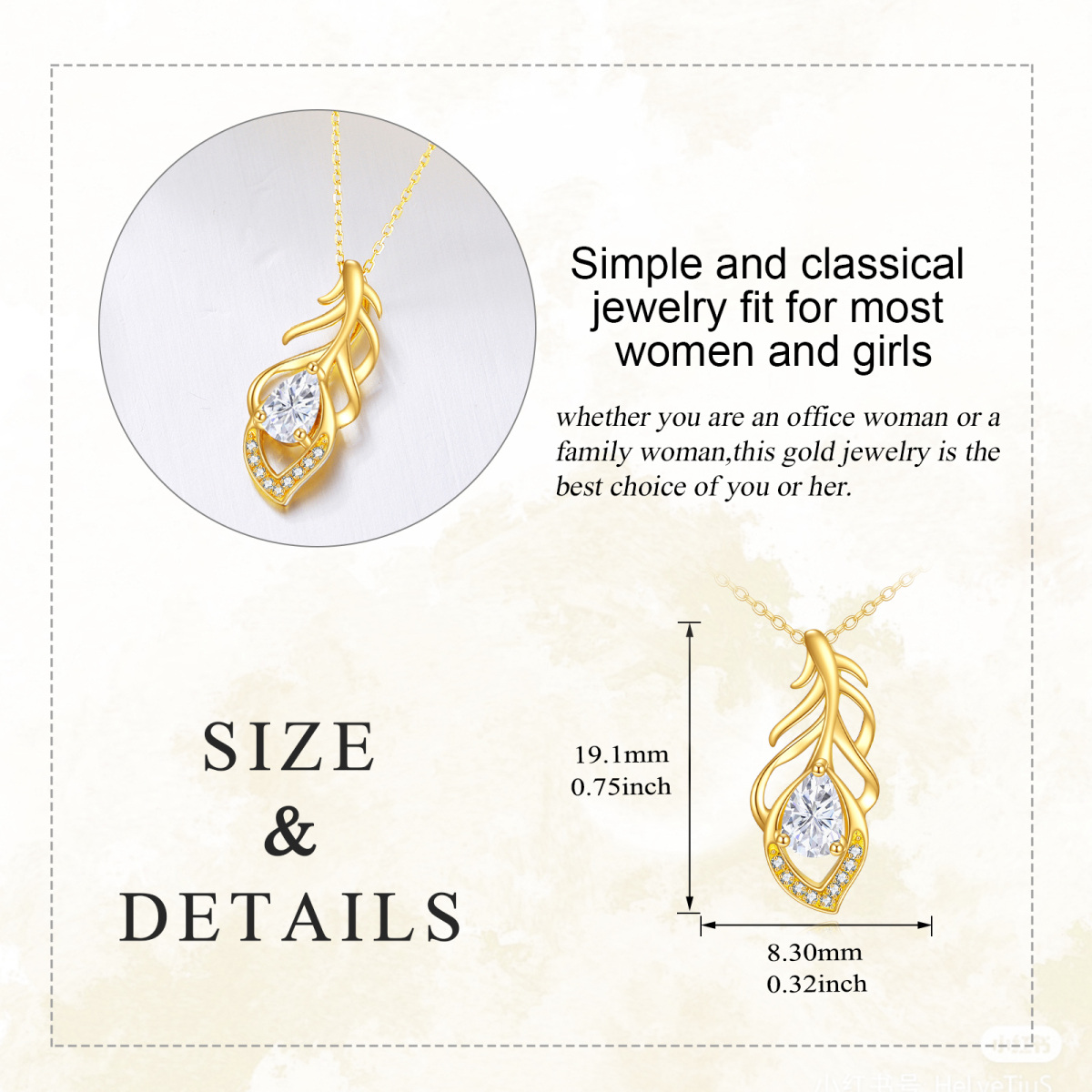 14K Gold Pear Cubic Zirconia Feather Pendant Necklace-5