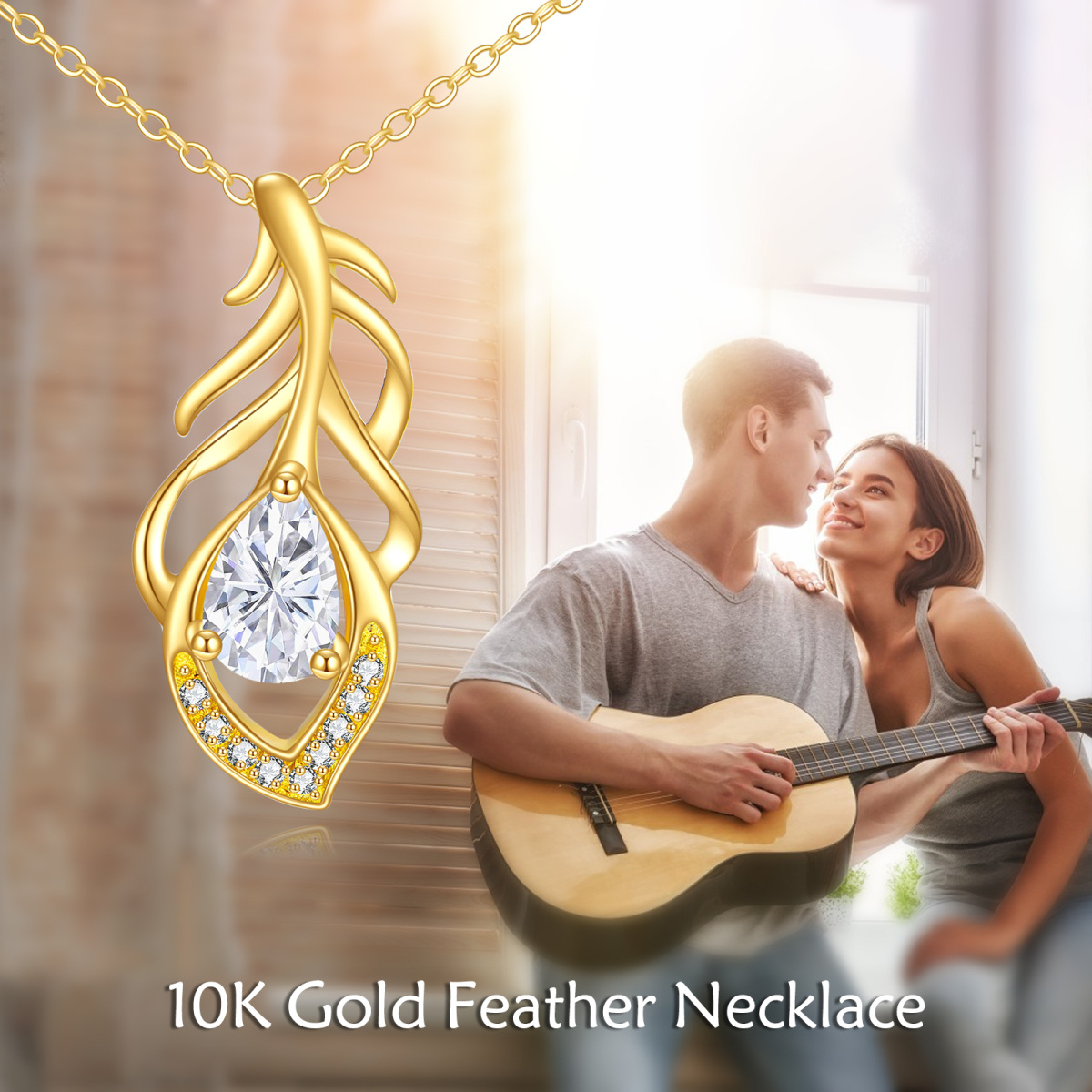 18K Gold Pear Cubic Zirconia Feather Pendant Necklace-6