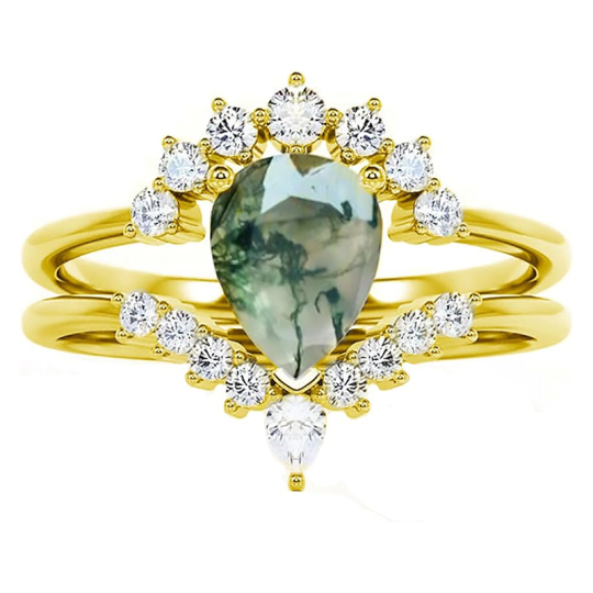 Bague de fiançailles en or 10 carats avec agate mousse en forme de poire et moissanite-1