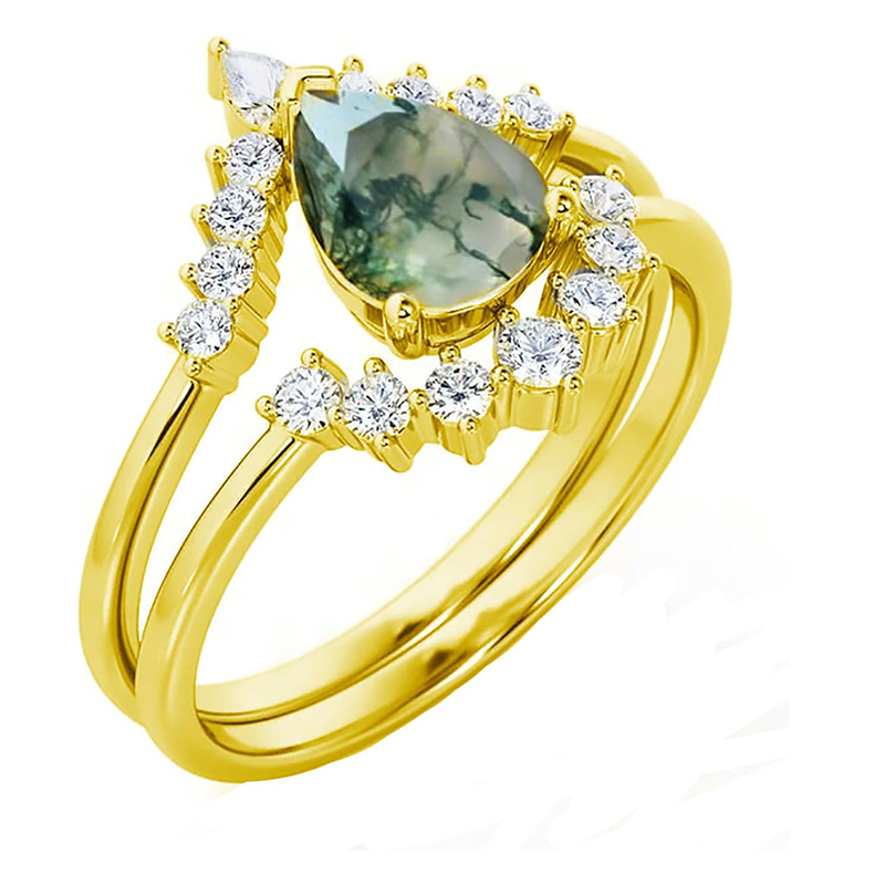 10K Gold Pear Moss Agate With Moissanite Engagement Ring-2