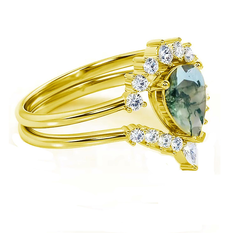 10K Gold Pear Moss Agate With Moissanite Engagement Ring-3