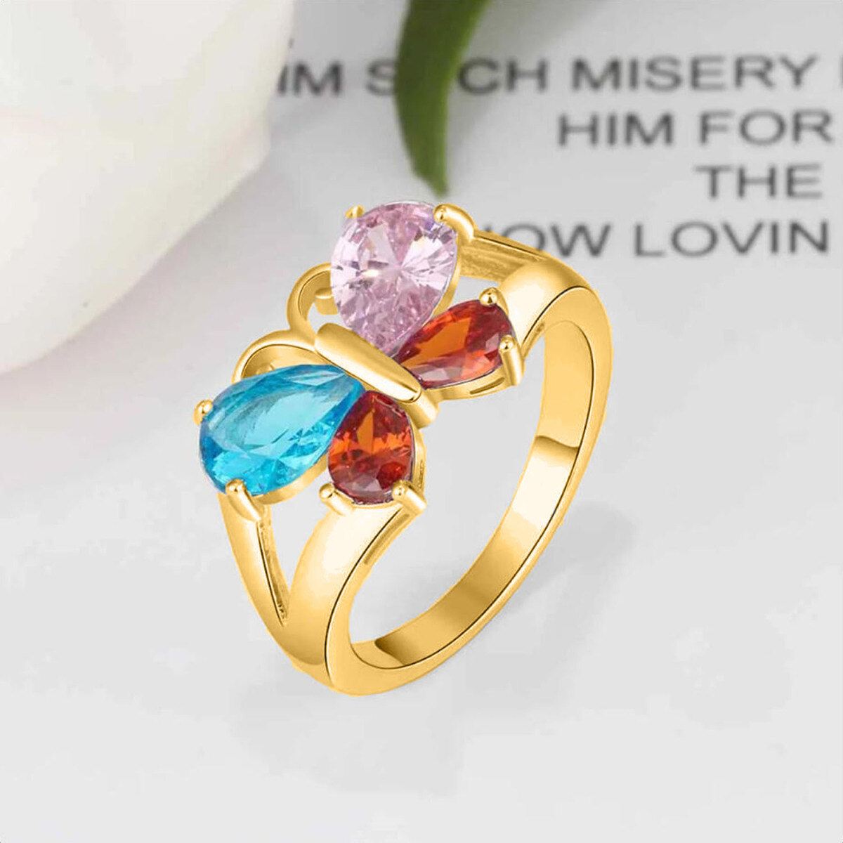 10K Gold Pear Shaped Personalized Birthstone & Personalized Engraving Butterfly Birthstone Ring-5