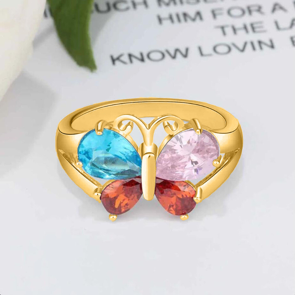 10K Gold Pear Shaped Personalized Birthstone & Personalized Engraving Butterfly Birthstone Ring-6