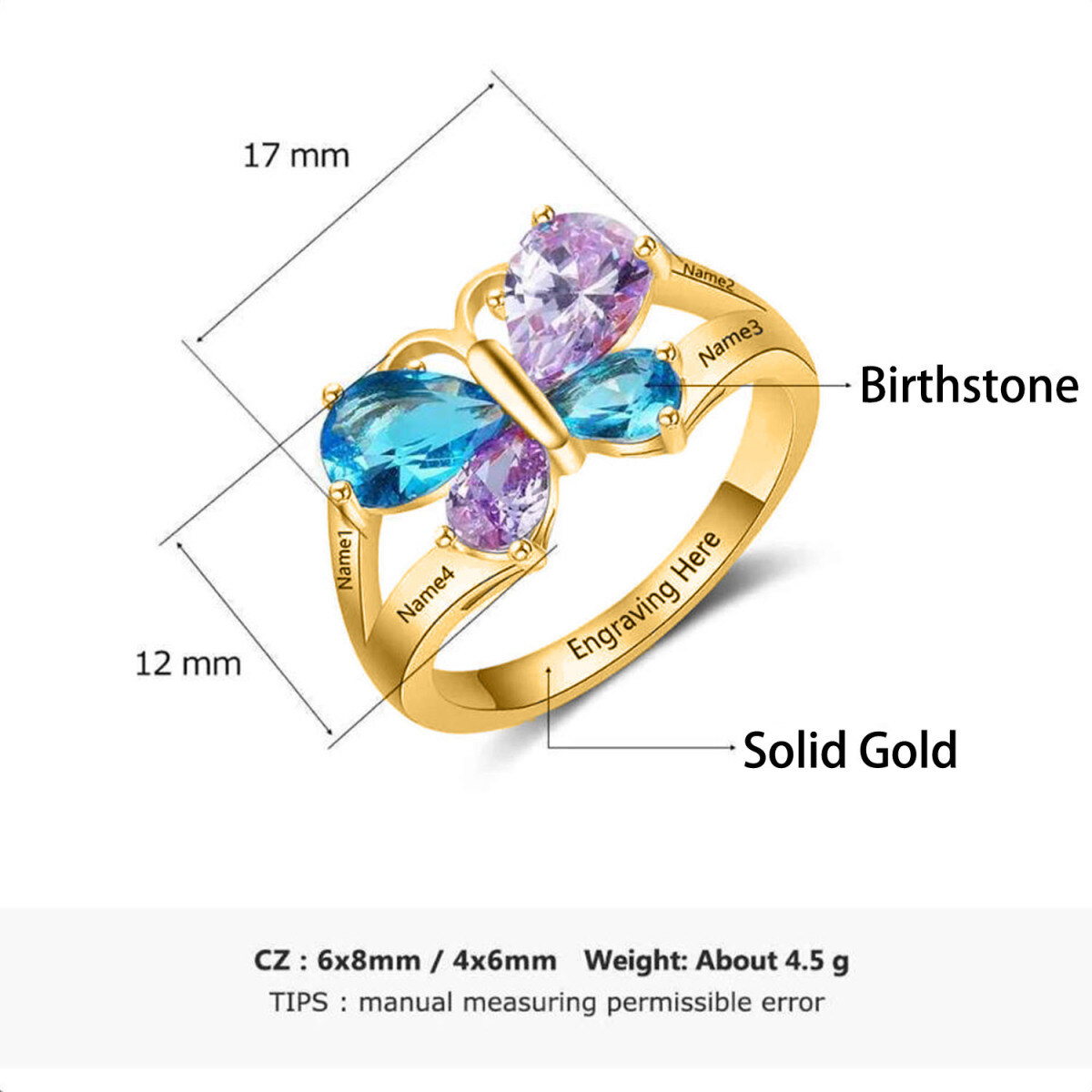 10K Gold Pear Shaped Personalized Birthstone & Personalized Engraving Butterfly Birthstone Ring-7