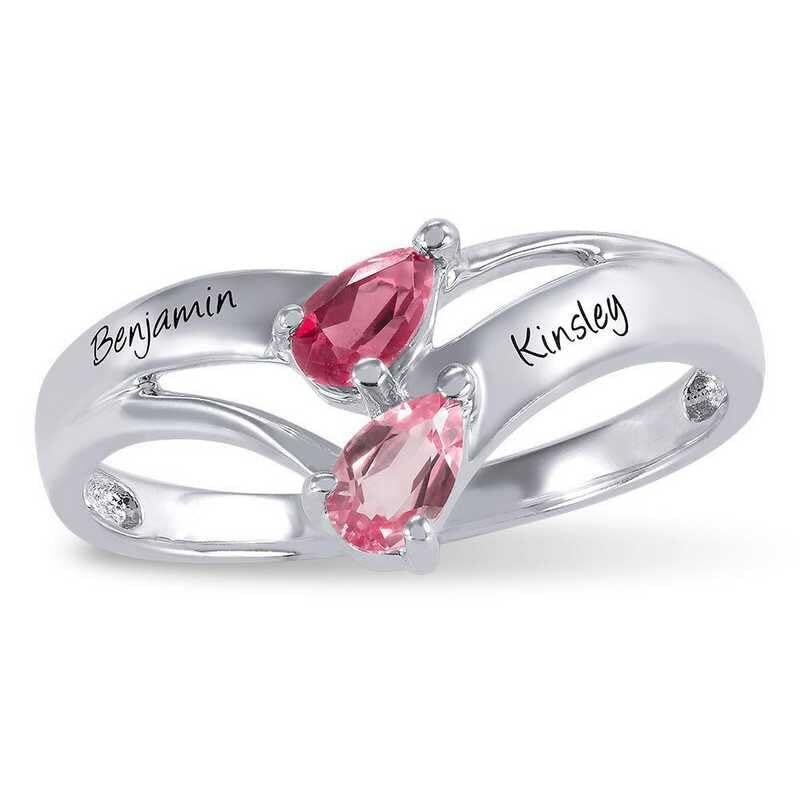 Anel personalizado em ouro 10K com pedra de nascimento em forma de pêra e gravação personalizada da pedra de nascimento.-2